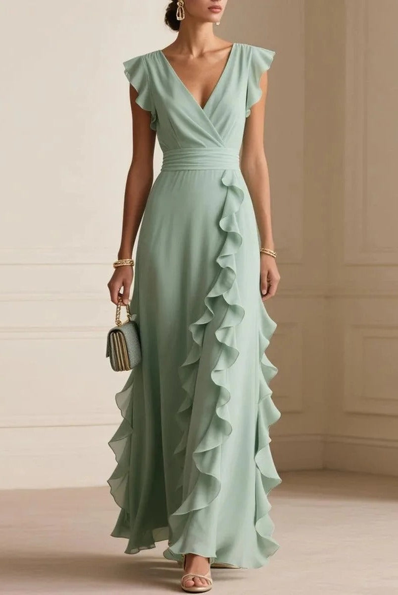 Vestido Largo de Gala con Volantes Mujer Escote V