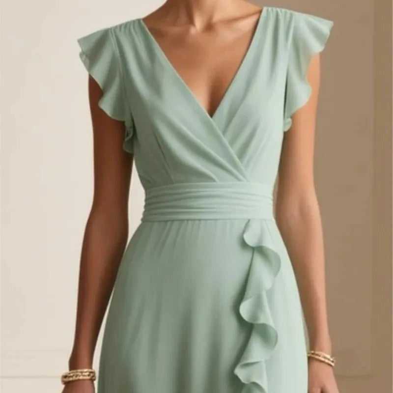 Vestido Largo de Gala con Volantes Mujer Escote V