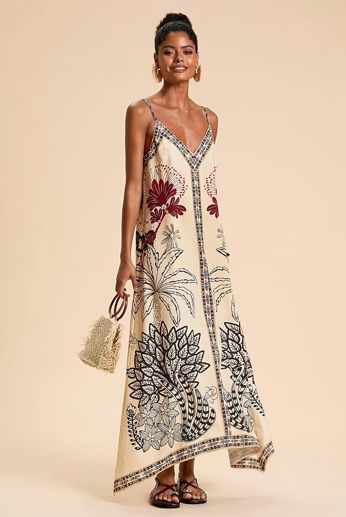 Vestido Largo de Gala Estampado Tropical Mujer Escote V