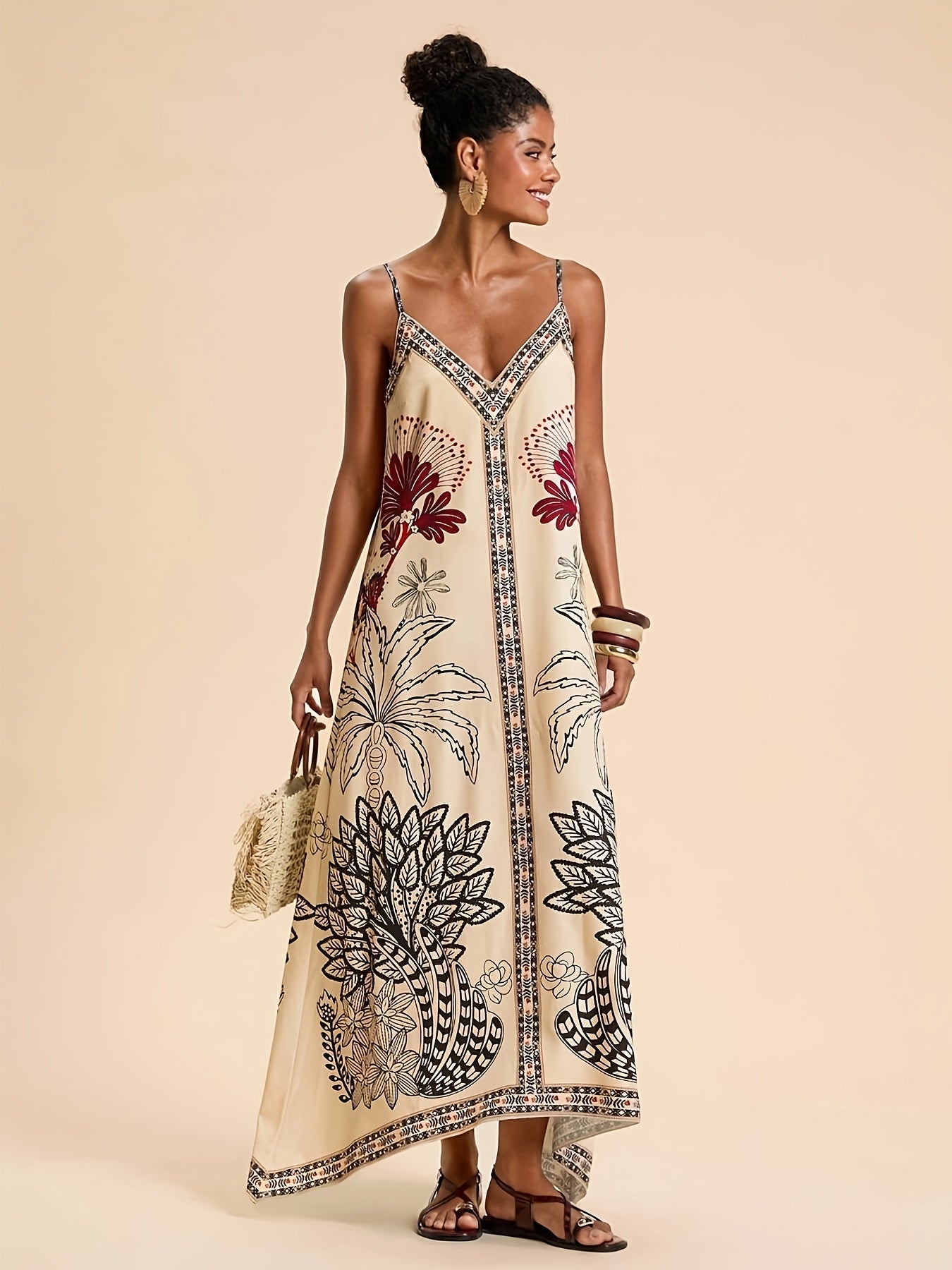Vestido Largo de Gala Estampado Tropical Mujer Escote V