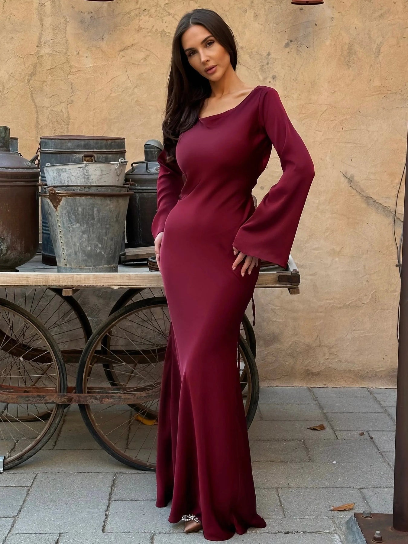Vestido Largo de Gala Mujer Manga Larga Escote Redondo