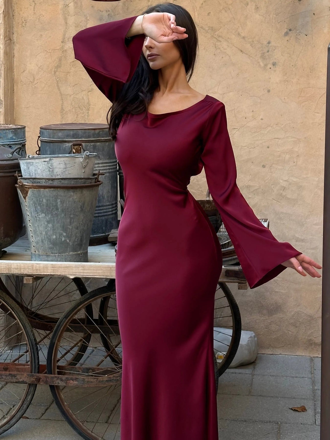 Vestido Largo de Gala Mujer Manga Larga Escote Redondo
