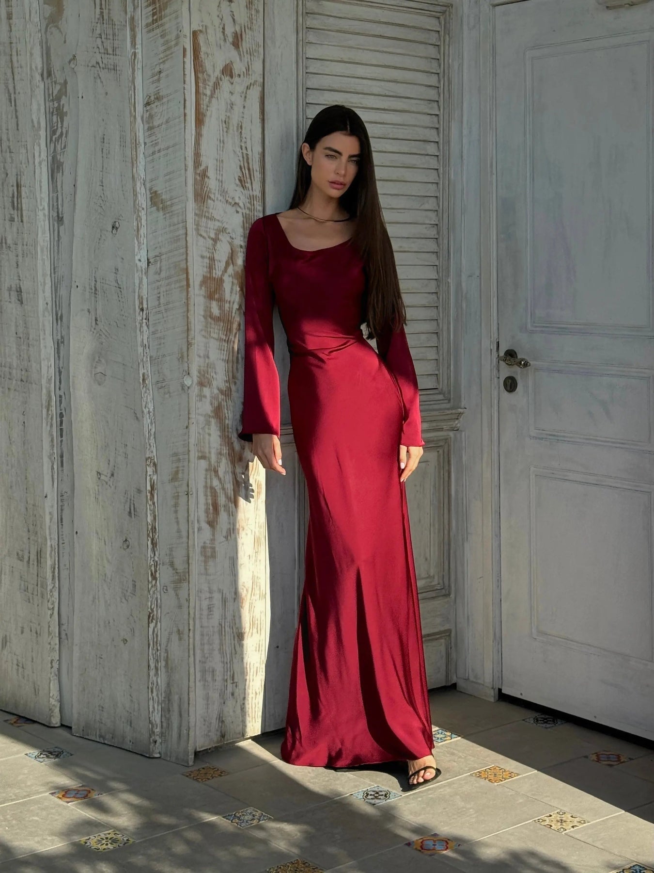 Vestido Largo de Gala Mujer Manga Larga Escote Redondo