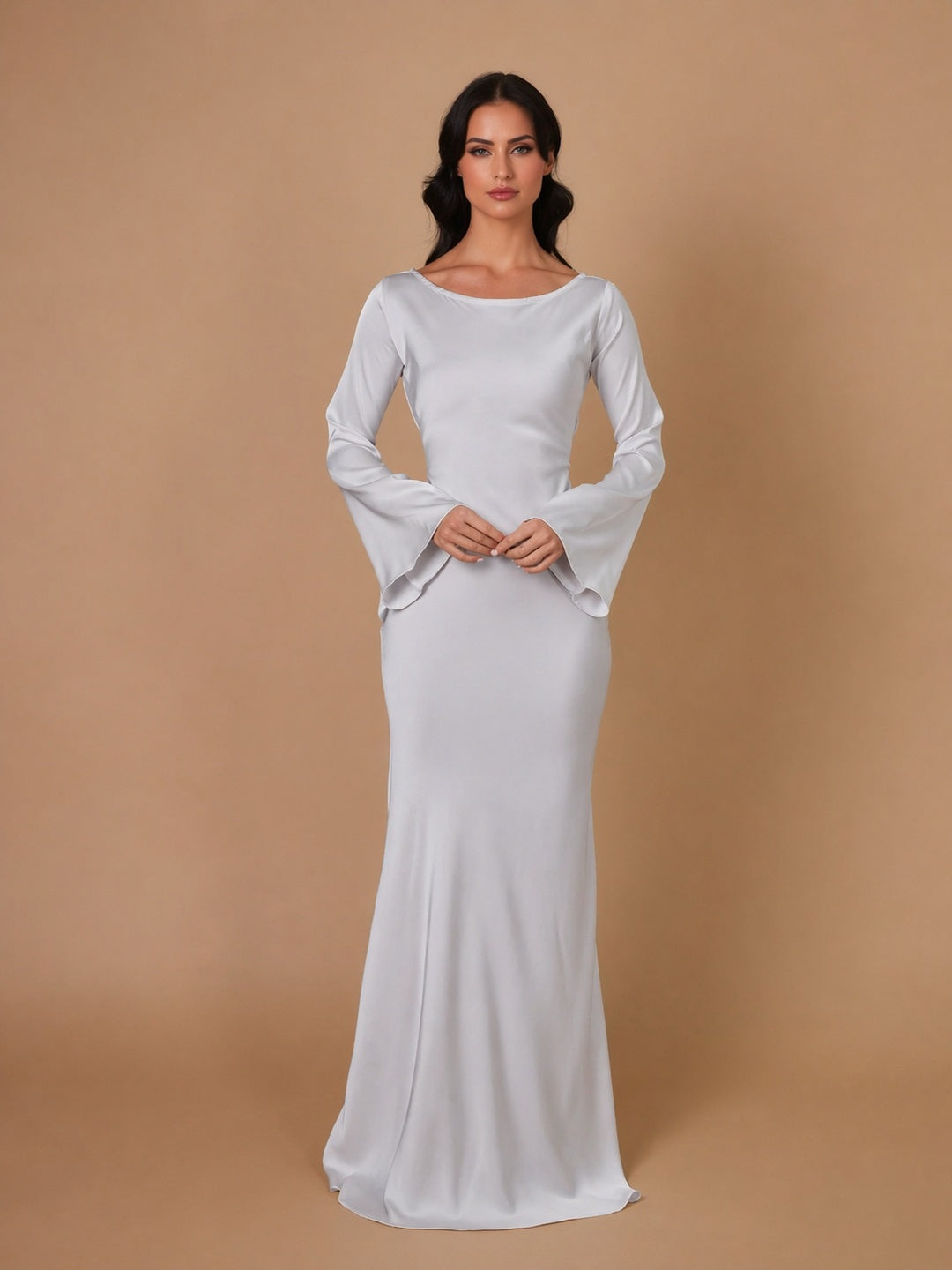 Vestido Largo de Gala Mujer Manga Larga Escote Redondo