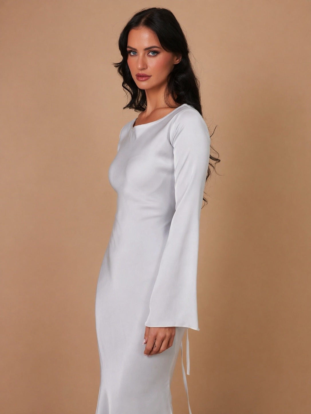 Vestido Largo de Gala Mujer Manga Larga Escote Redondo