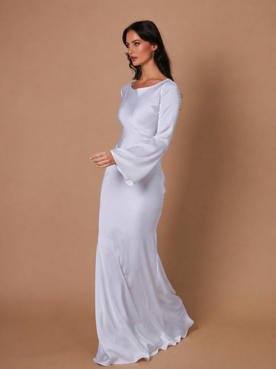 Vestido Largo de Gala Mujer Manga Larga Escote Redondo