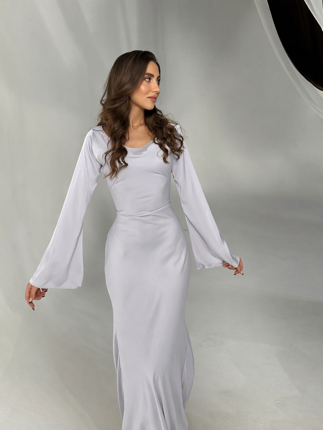Vestido Largo de Gala Mujer Manga Larga Escote Redondo