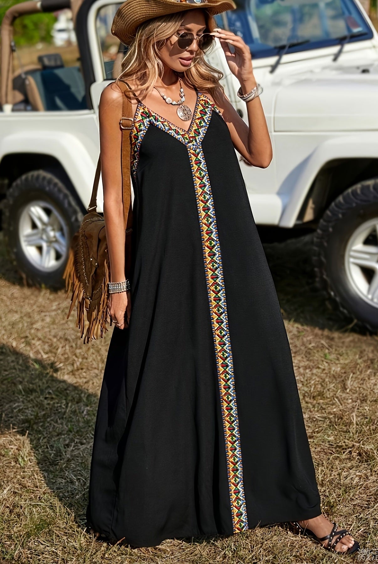 Vestido Largo de Invitada Bordado Étnico Mujer Tirantes