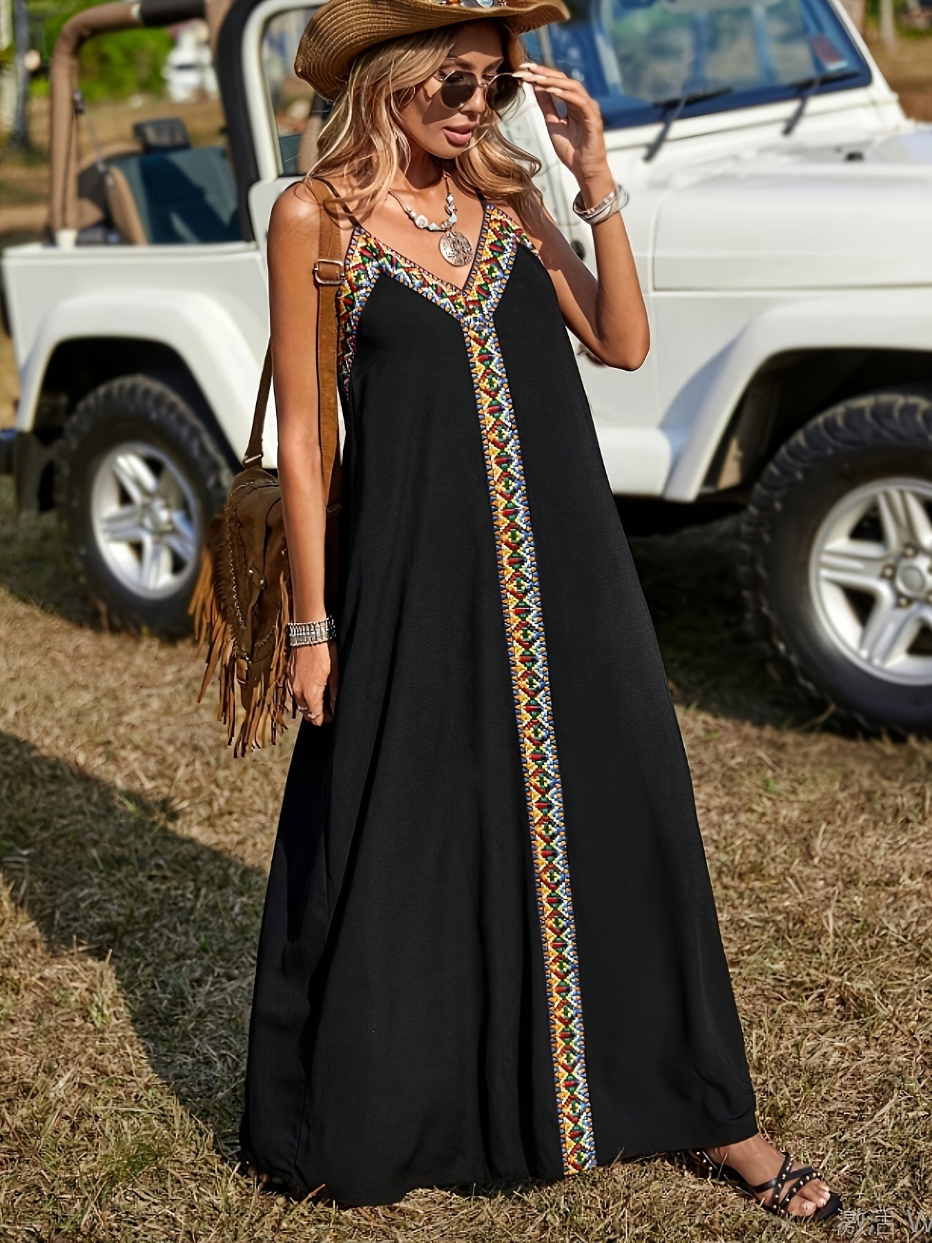 Vestido Largo de Invitada Bordado Étnico Mujer Tirantes