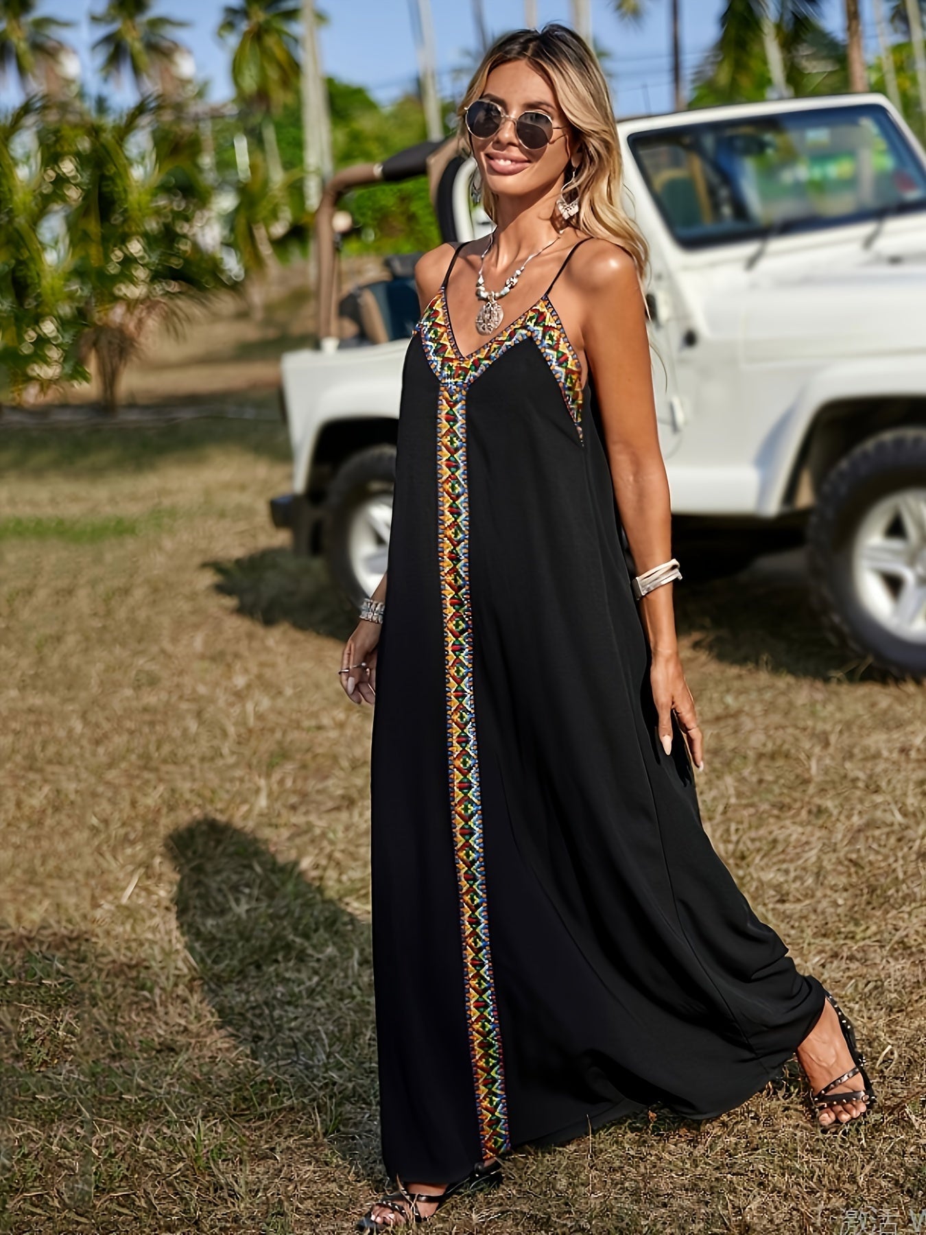 Vestido Largo de Invitada Bordado Étnico Mujer Tirantes