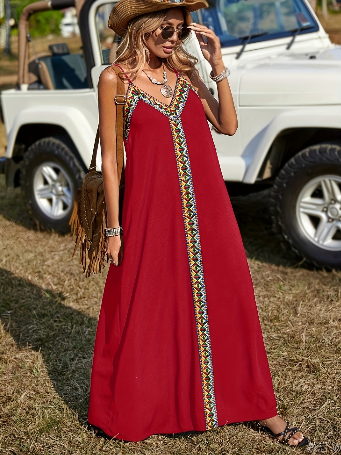 Vestido Largo de Invitada Bordado Étnico Mujer Tirantes