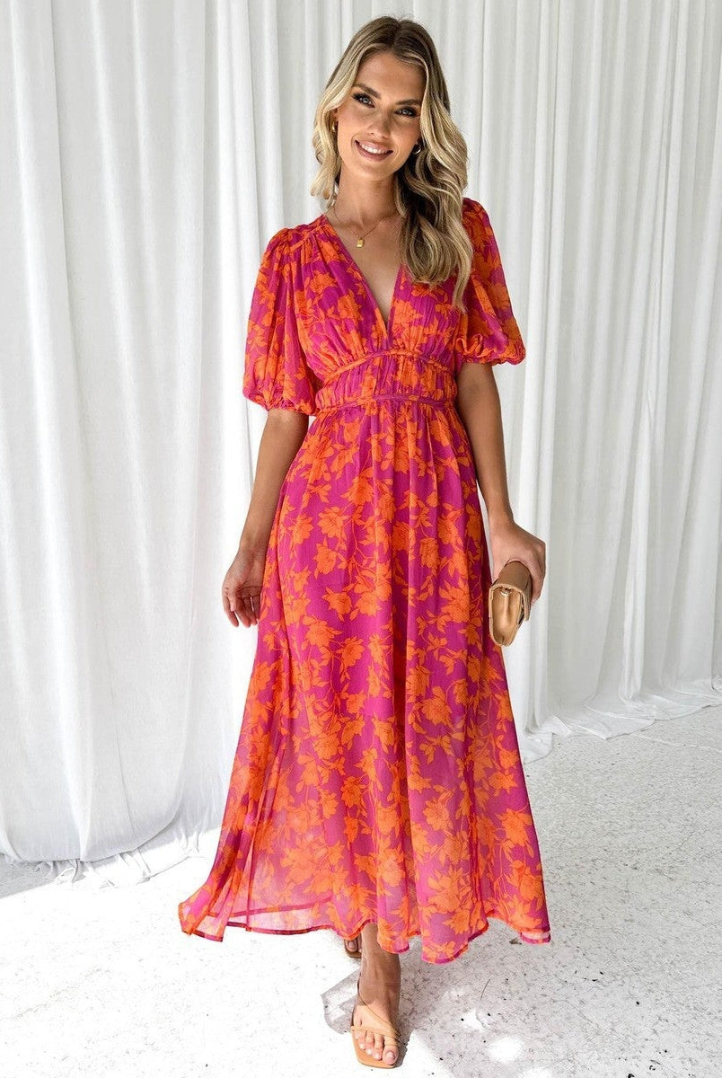 Vestido Largo de Invitada de Boda Estampado Mujer Escote V