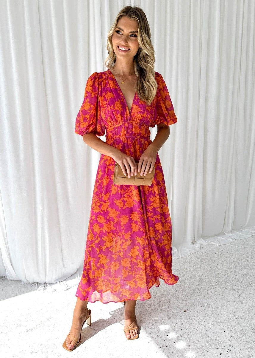 Vestido Largo de Invitada de Boda Estampado Mujer Escote V