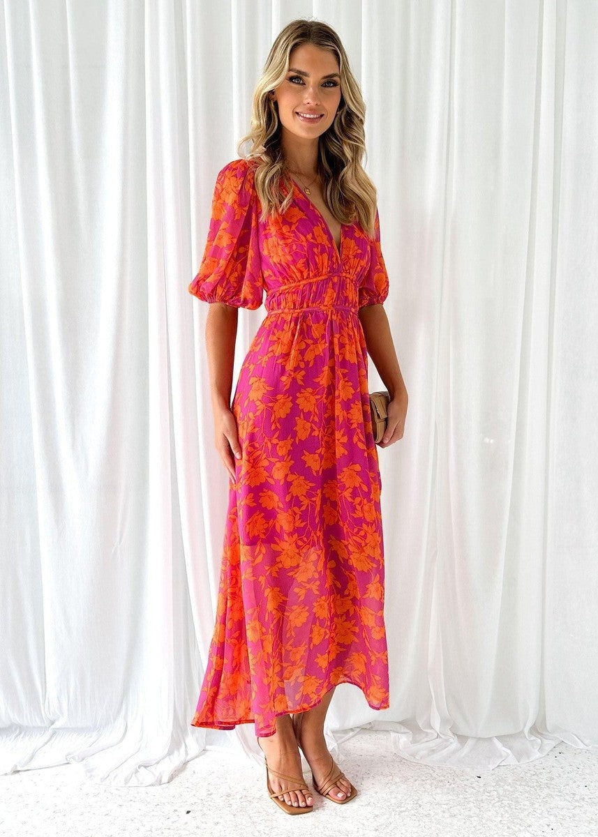 Vestido Largo de Invitada de Boda Estampado Mujer Escote V