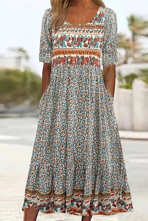 Vestido Largo de Invitada Estampado Étnico Mujer Cuello Cuadrado