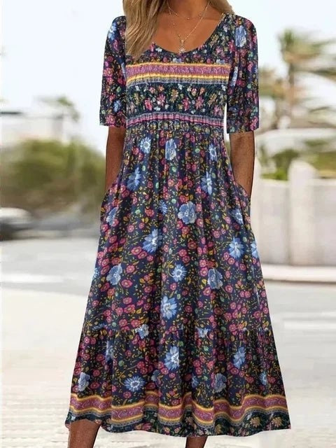 Vestido Largo de Invitada Estampado Étnico Mujer Cuello Cuadrado
