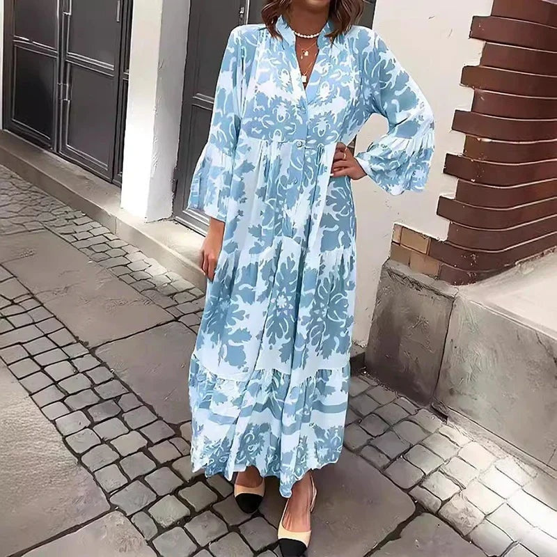 Vestido Largo de Invitada Mujer Estampado Floral Manga Larga