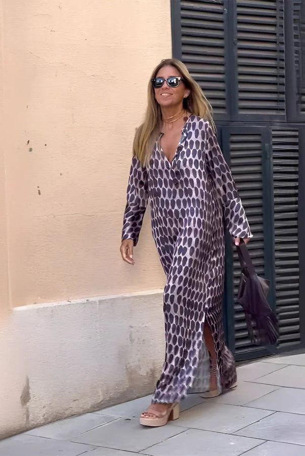 Vestido Largo de Lunares Mujer Escote V Manga Larga
