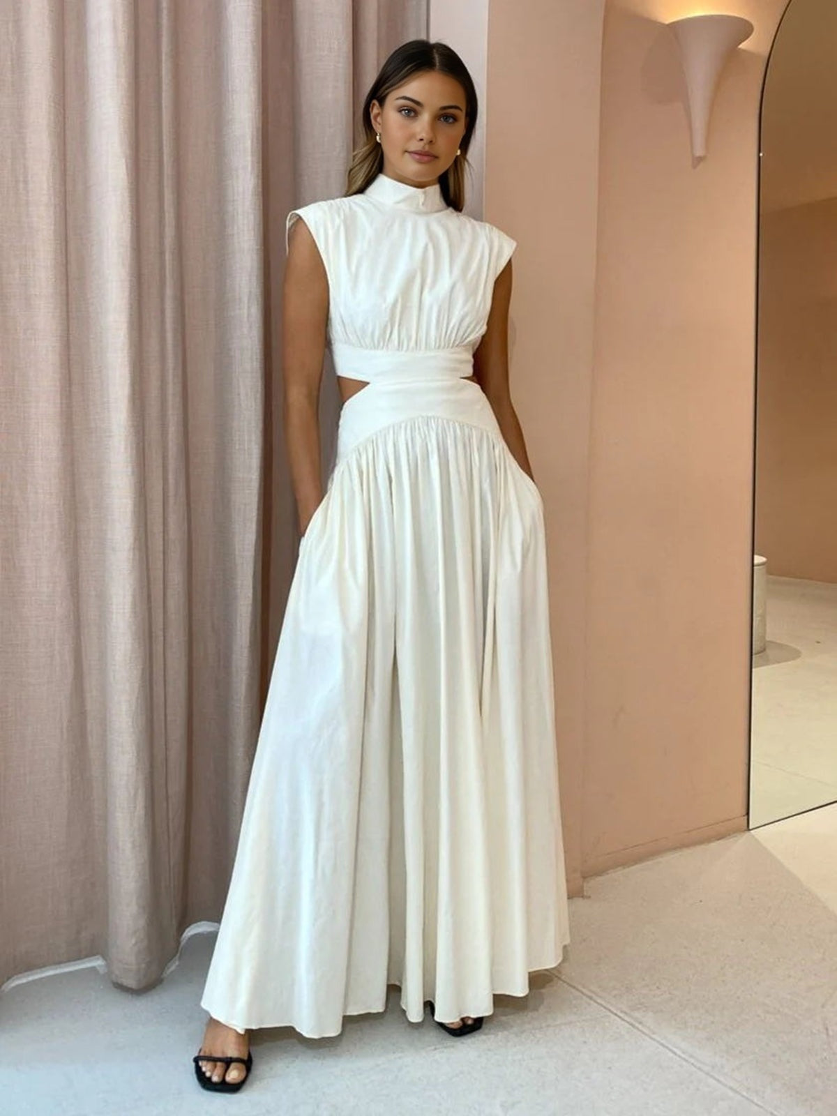 Vestido Largo de Novia Civil Cut Out Mujer Cuello Alto