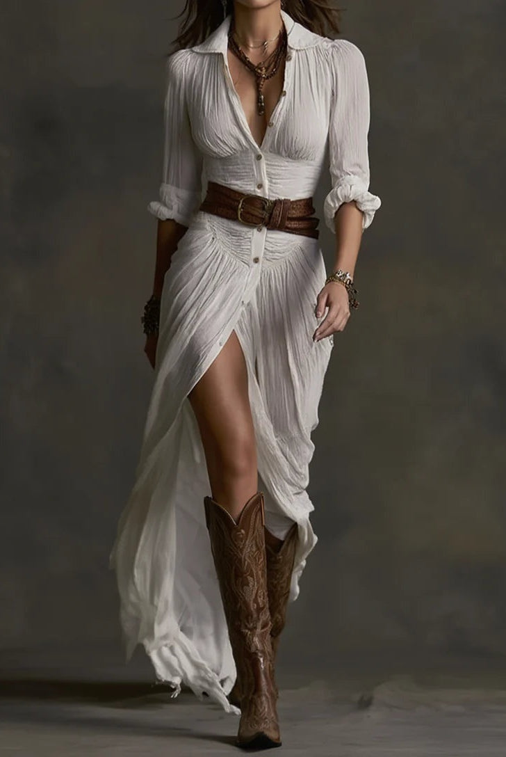 Vestido Largo de Novia Sencillo Mujer Cuello Camisero