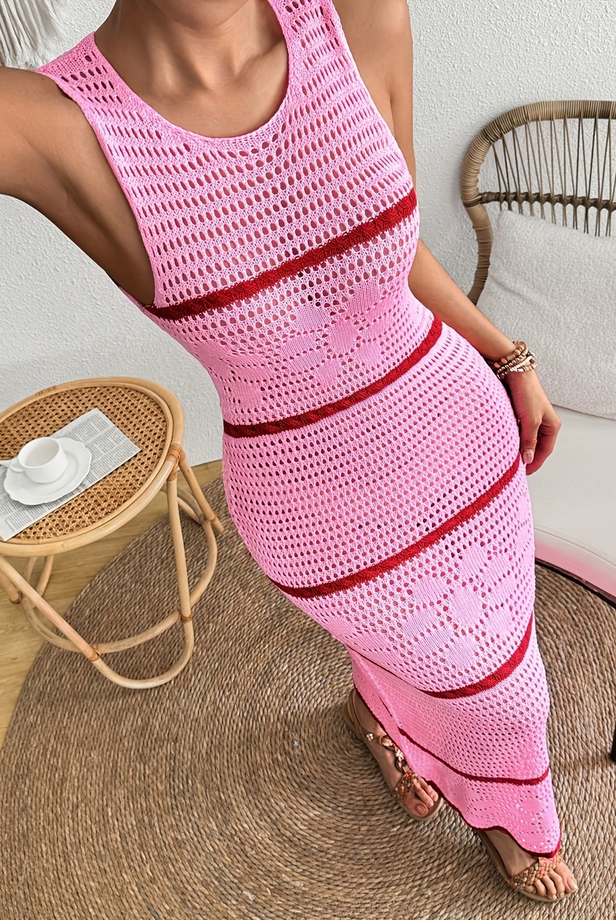 Vestido Largo de Punto Calado Mujer Sin Mangas