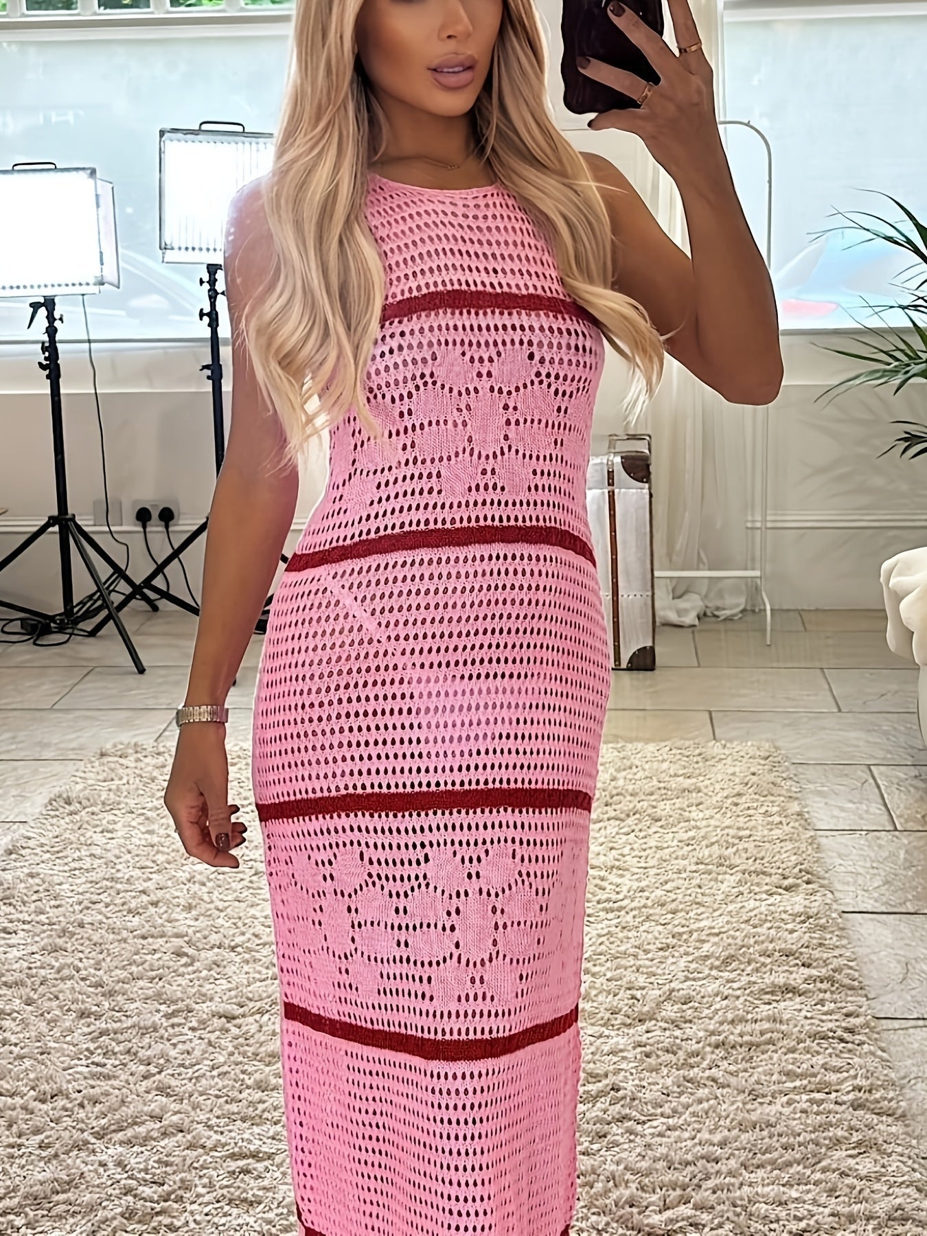 Vestido Largo de Punto Calado Mujer Sin Mangas
