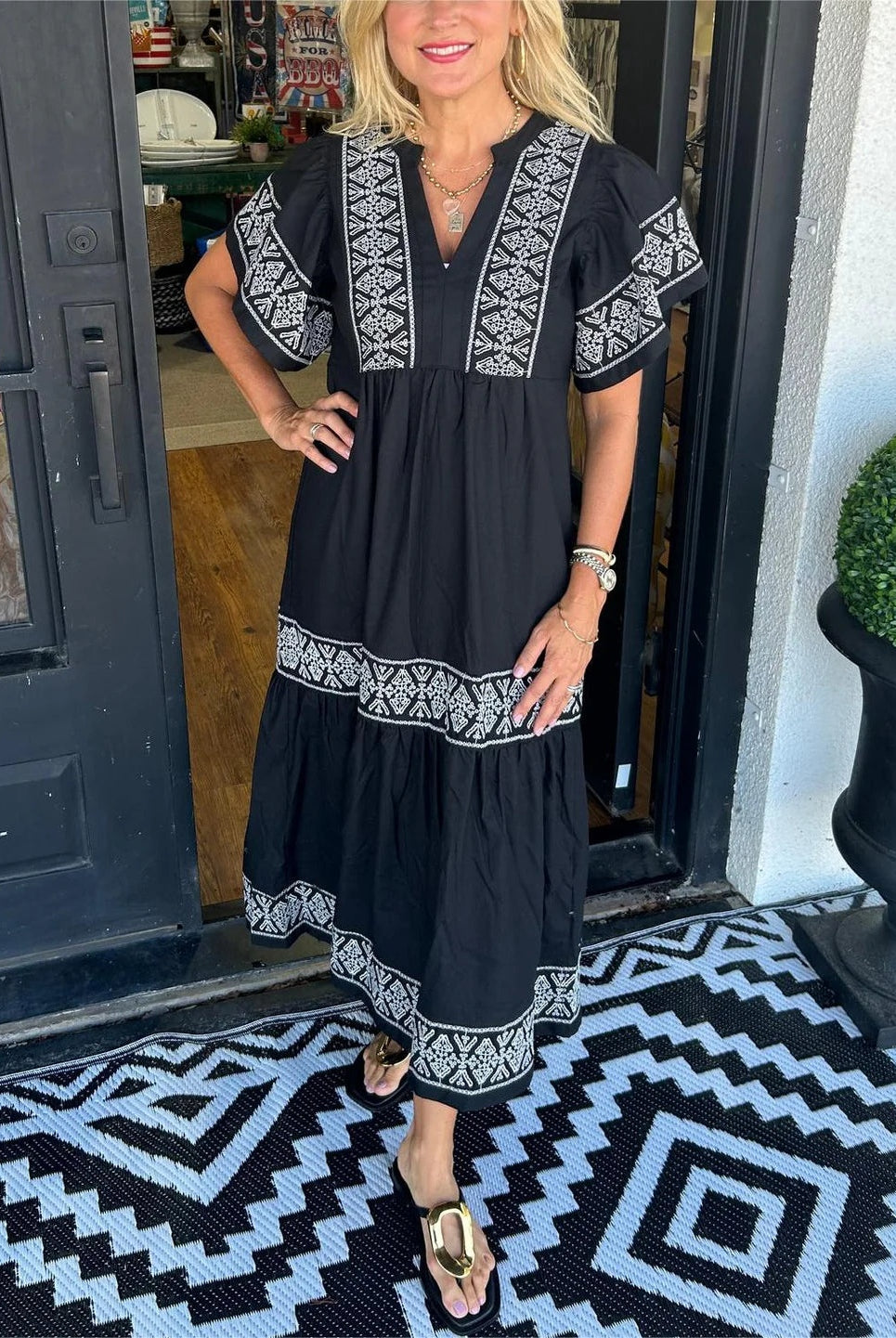 Vestido Largo Étnico Bordado Mujer Escote V