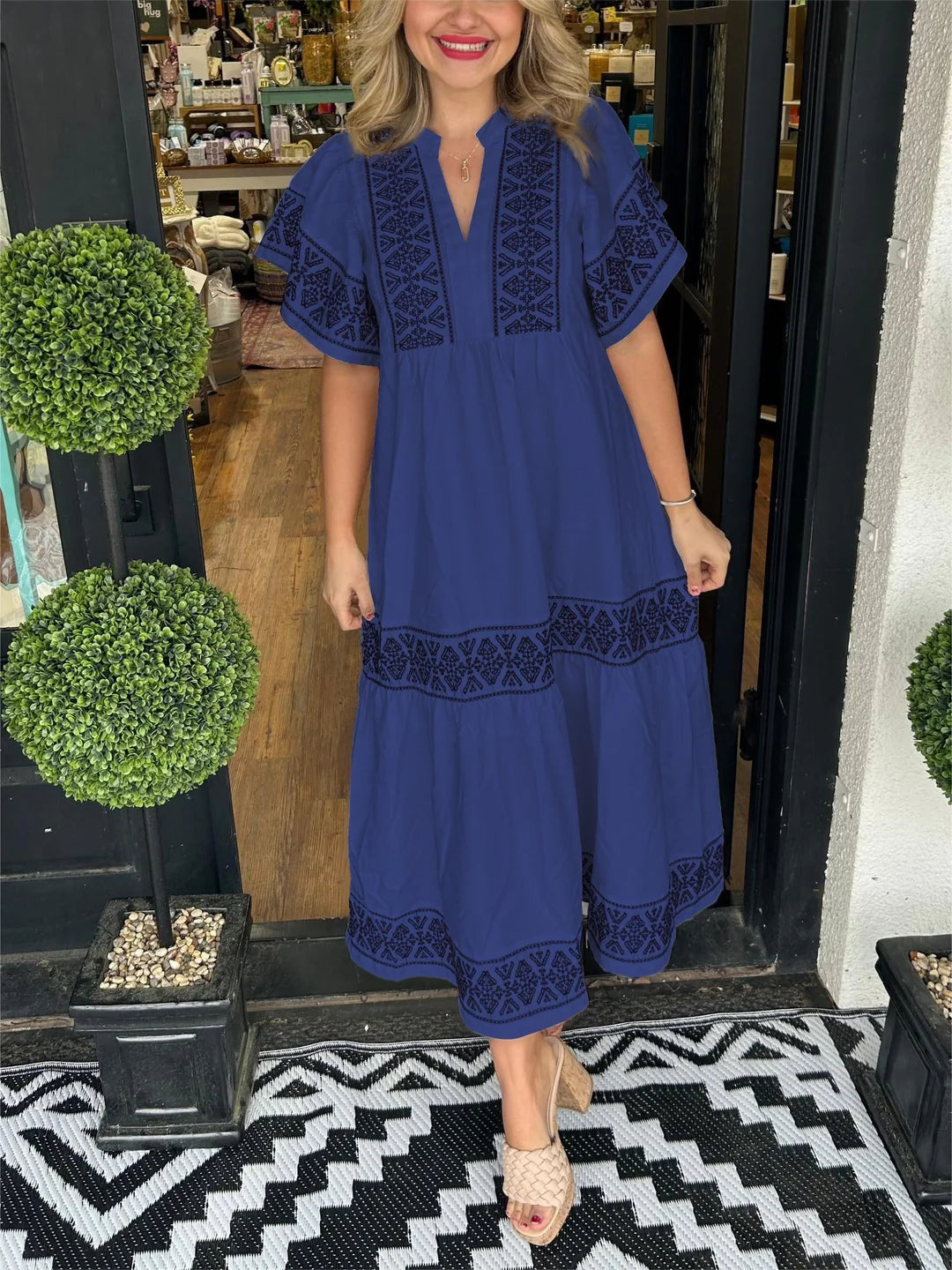 Vestido Largo Étnico Bordado Mujer Escote V