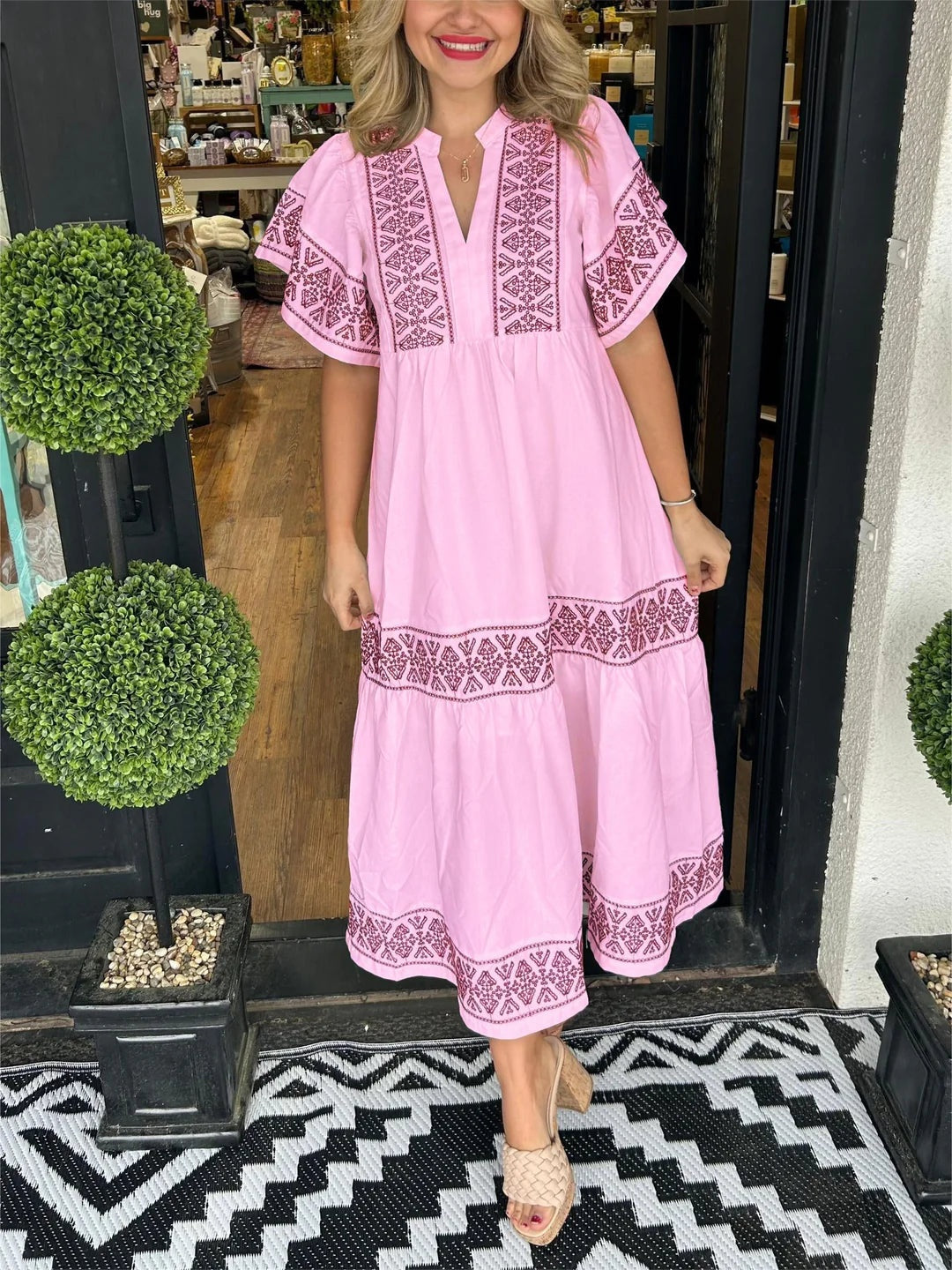 Vestido Largo Étnico Bordado Mujer Escote V
