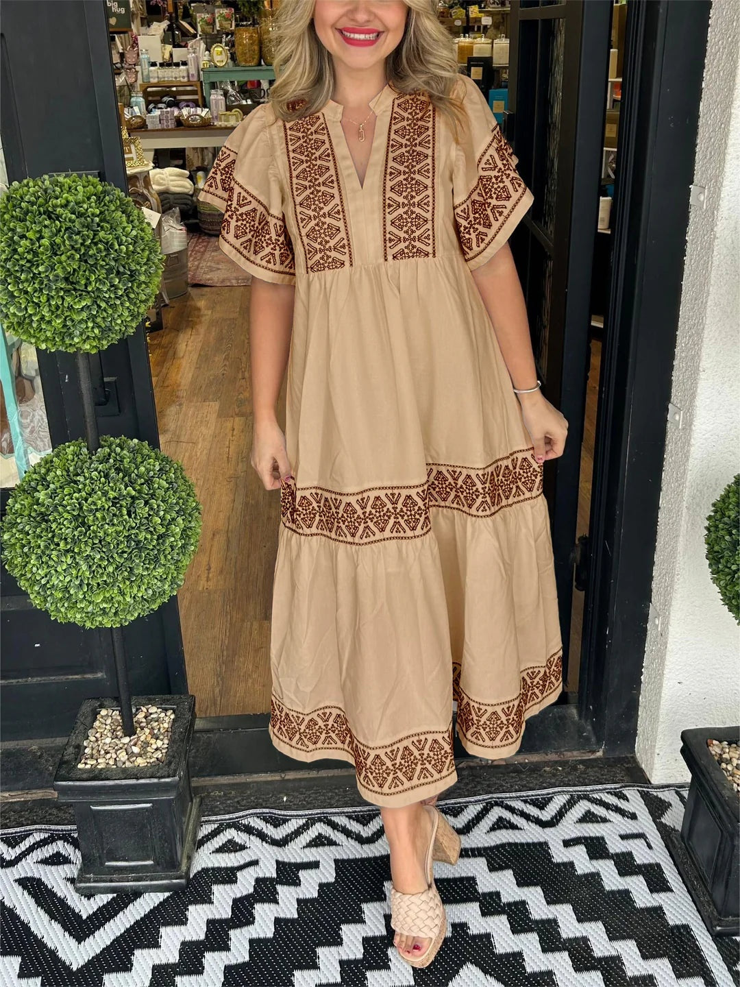 Vestido Largo Étnico Bordado Mujer Escote V