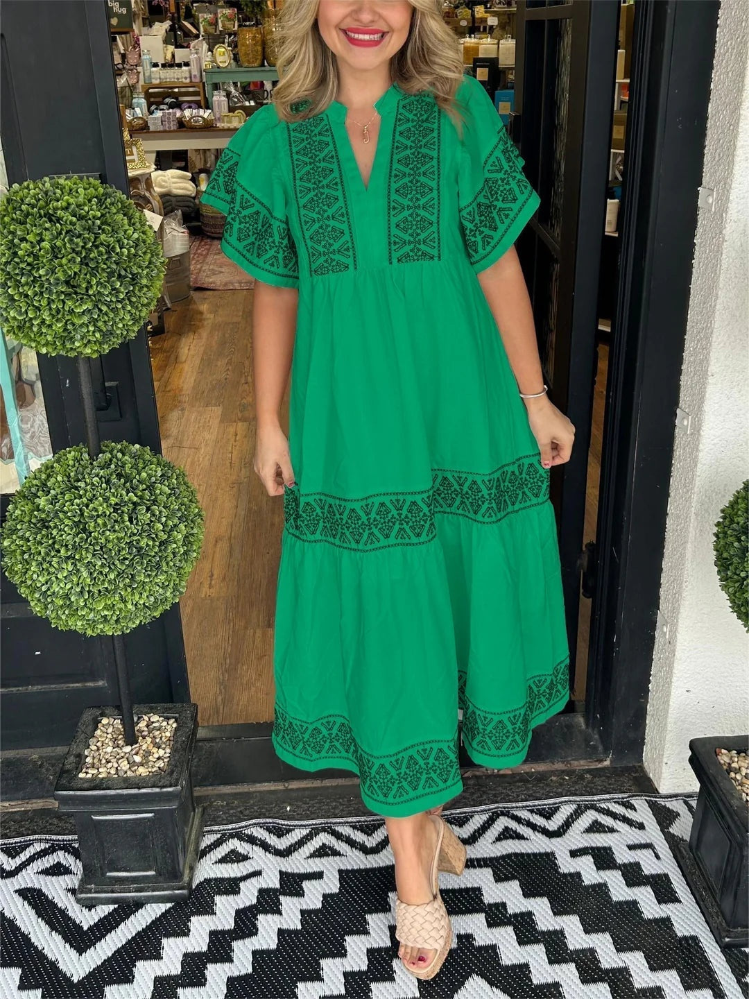 Vestido Largo Étnico Bordado Mujer Escote V