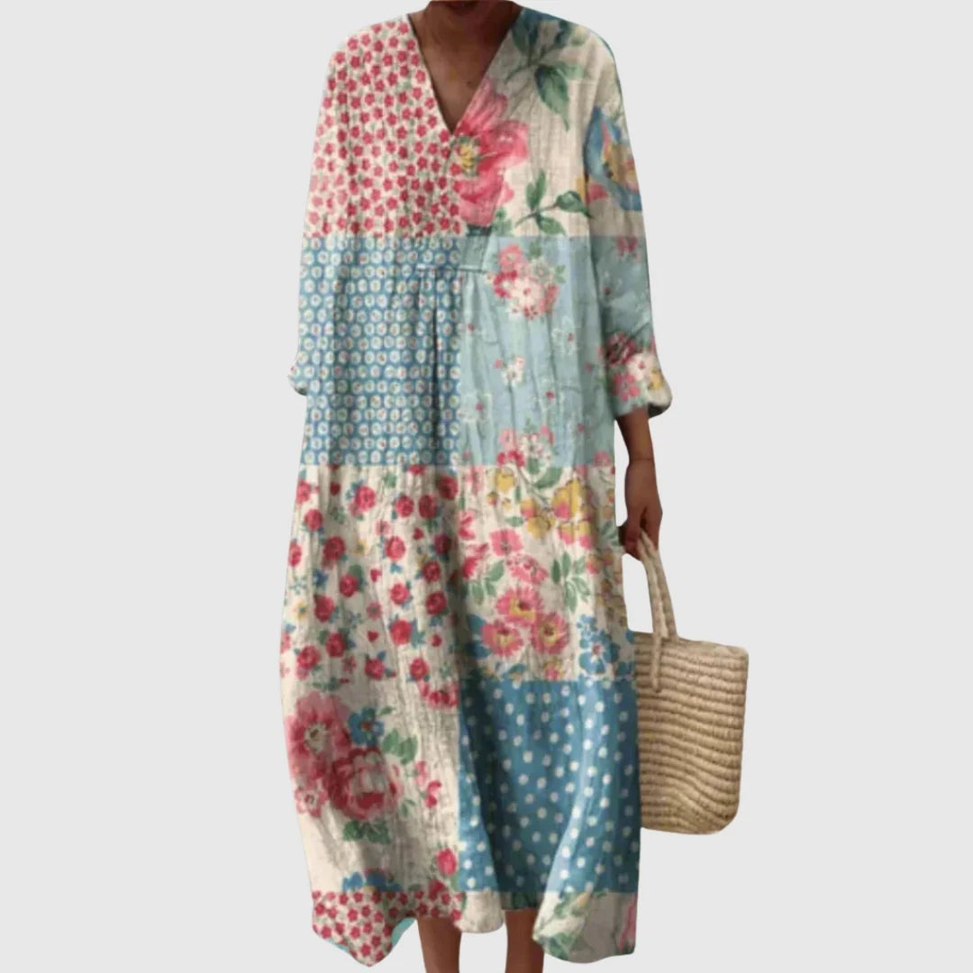 Vestido Largo Geométrico Estampado Patchwork Mujer Escote V