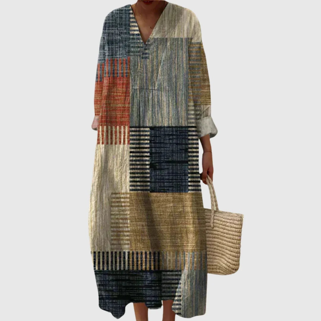 Vestido Largo Geométrico Estampado Patchwork Mujer Escote V