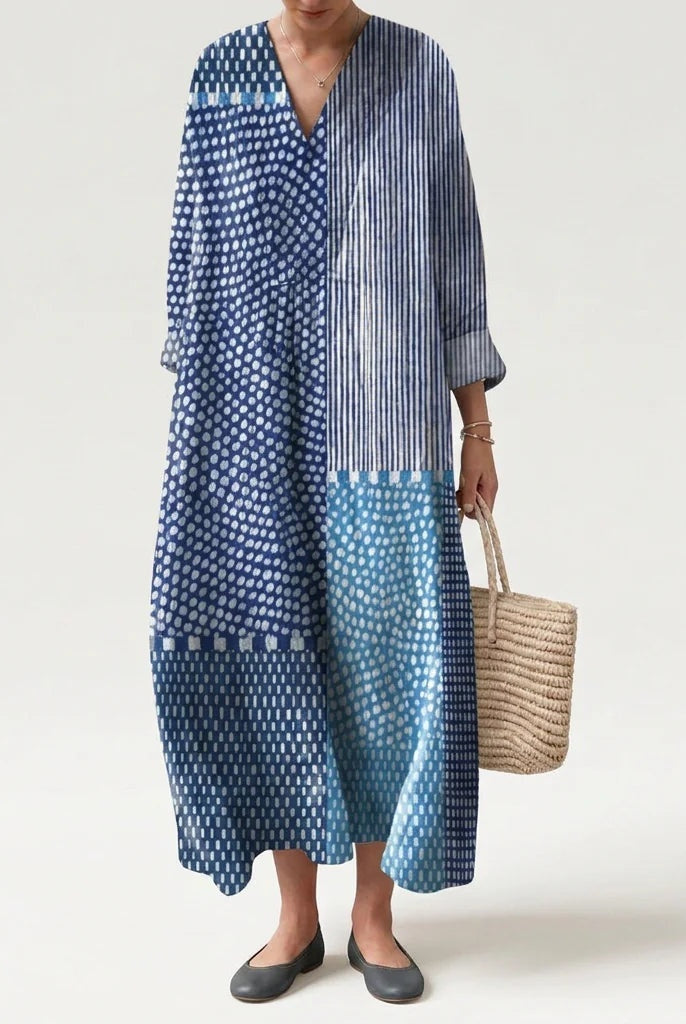 Vestido Largo Geométrico Estampado Patchwork Mujer Escote V