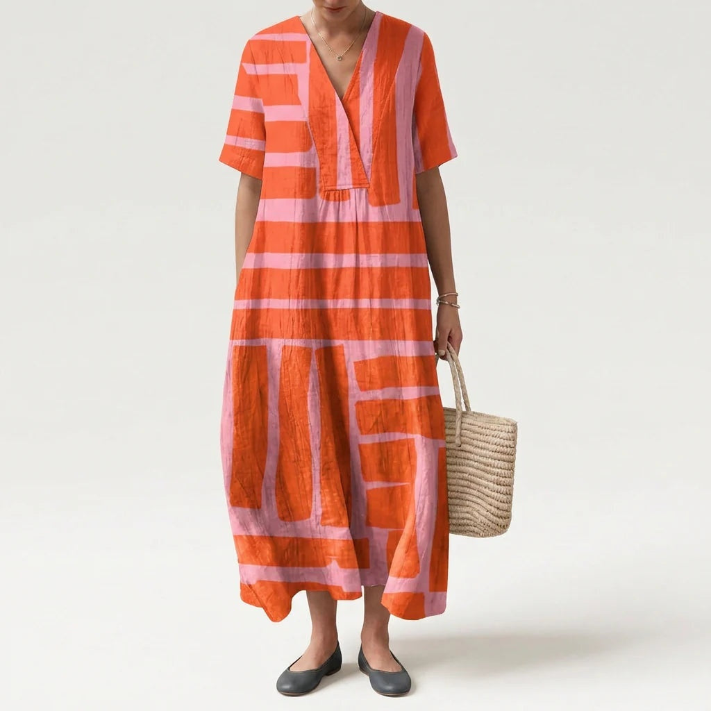 Vestido Largo Geométrico Estampado Patchwork Mujer Escote V
