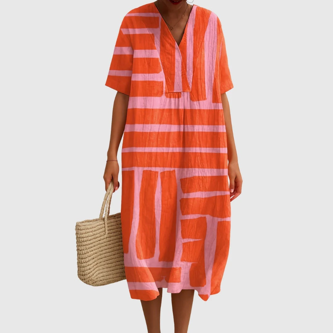 Vestido Largo Geométrico Estampado Patchwork Mujer Escote V