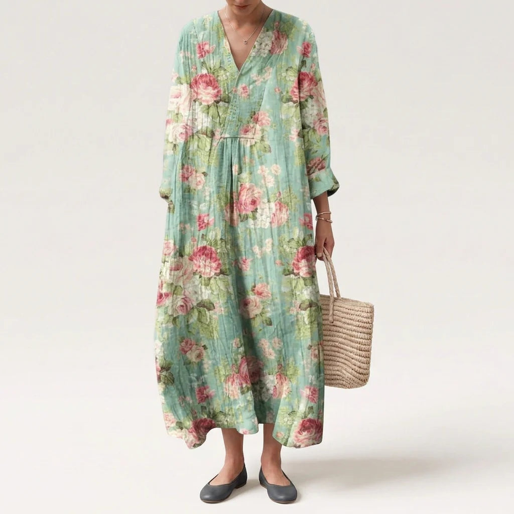 Vestido Largo Geométrico Estampado Patchwork Mujer Escote V