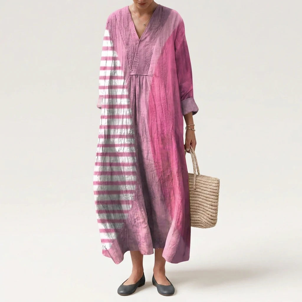 Vestido Largo Geométrico Estampado Patchwork Mujer Escote V