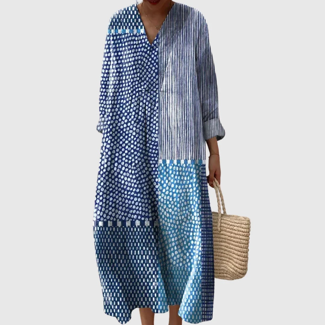 Vestido Largo Geométrico Estampado Patchwork Mujer Escote V