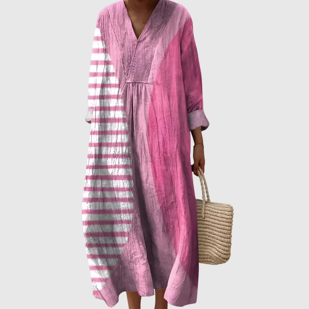 Vestido Largo Geométrico Estampado Patchwork Mujer Escote V