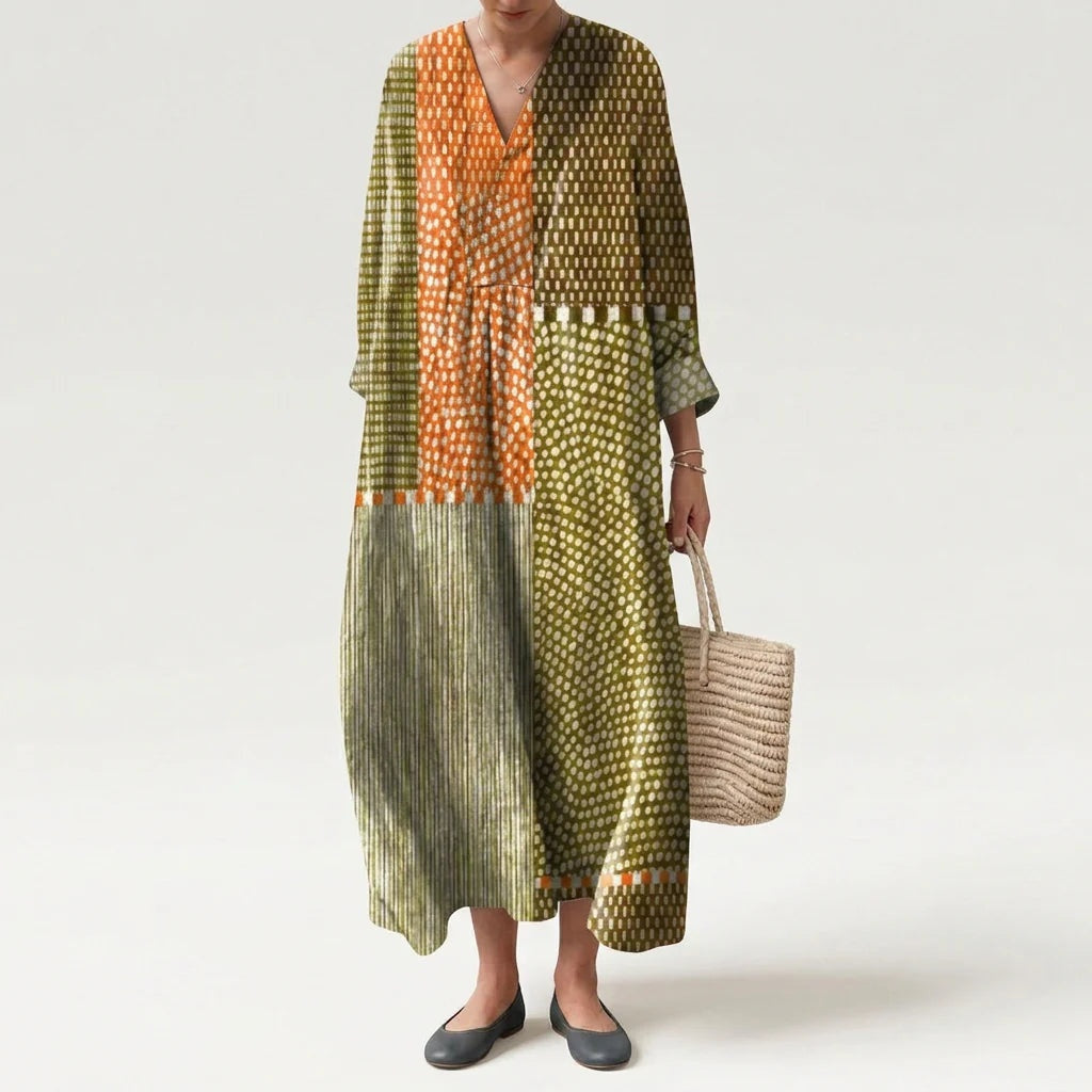 Vestido Largo Geométrico Estampado Patchwork Mujer Escote V