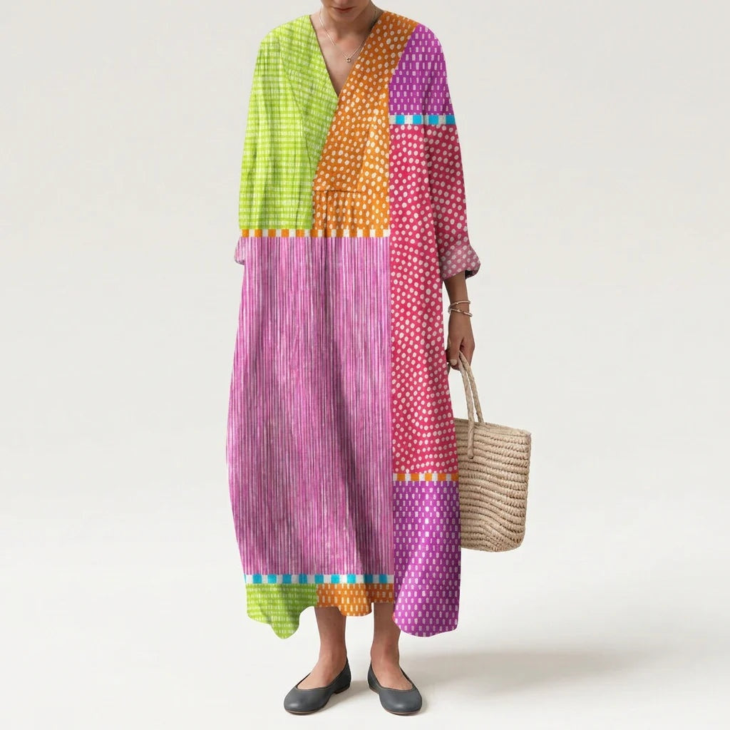 Vestido Largo Geométrico Estampado Patchwork Mujer Escote V