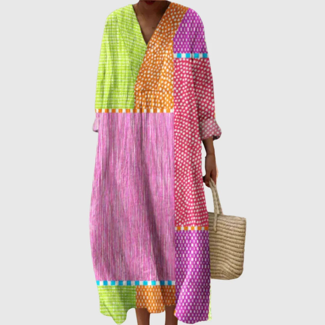 Vestido Largo Geométrico Estampado Patchwork Mujer Escote V