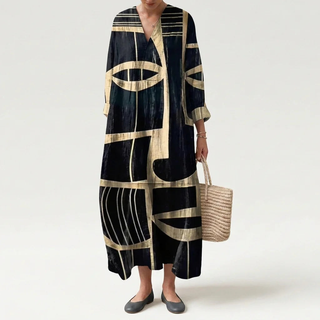 Vestido Largo Geométrico Estampado Patchwork Mujer Escote V