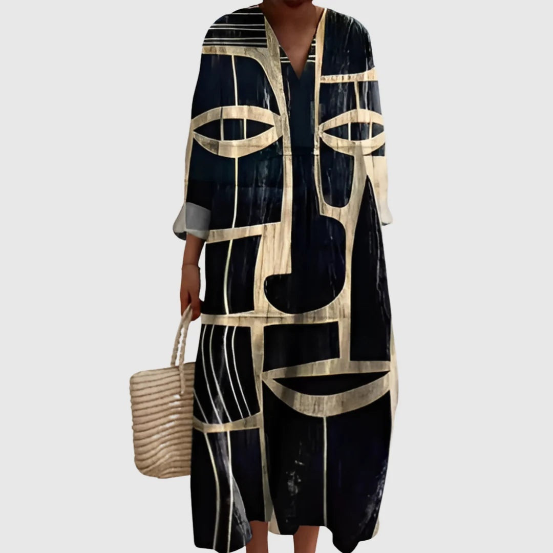 Vestido Largo Geométrico Estampado Patchwork Mujer Escote V