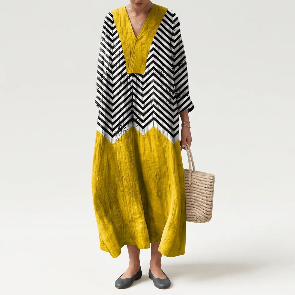 Vestido Largo Geométrico Estampado Patchwork Mujer Escote V