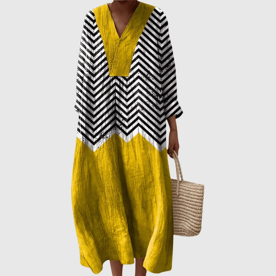 Vestido Largo Geométrico Estampado Patchwork Mujer Escote V
