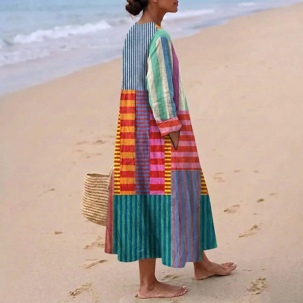Vestido Largo Geométrico Estampado Patchwork Mujer Escote V