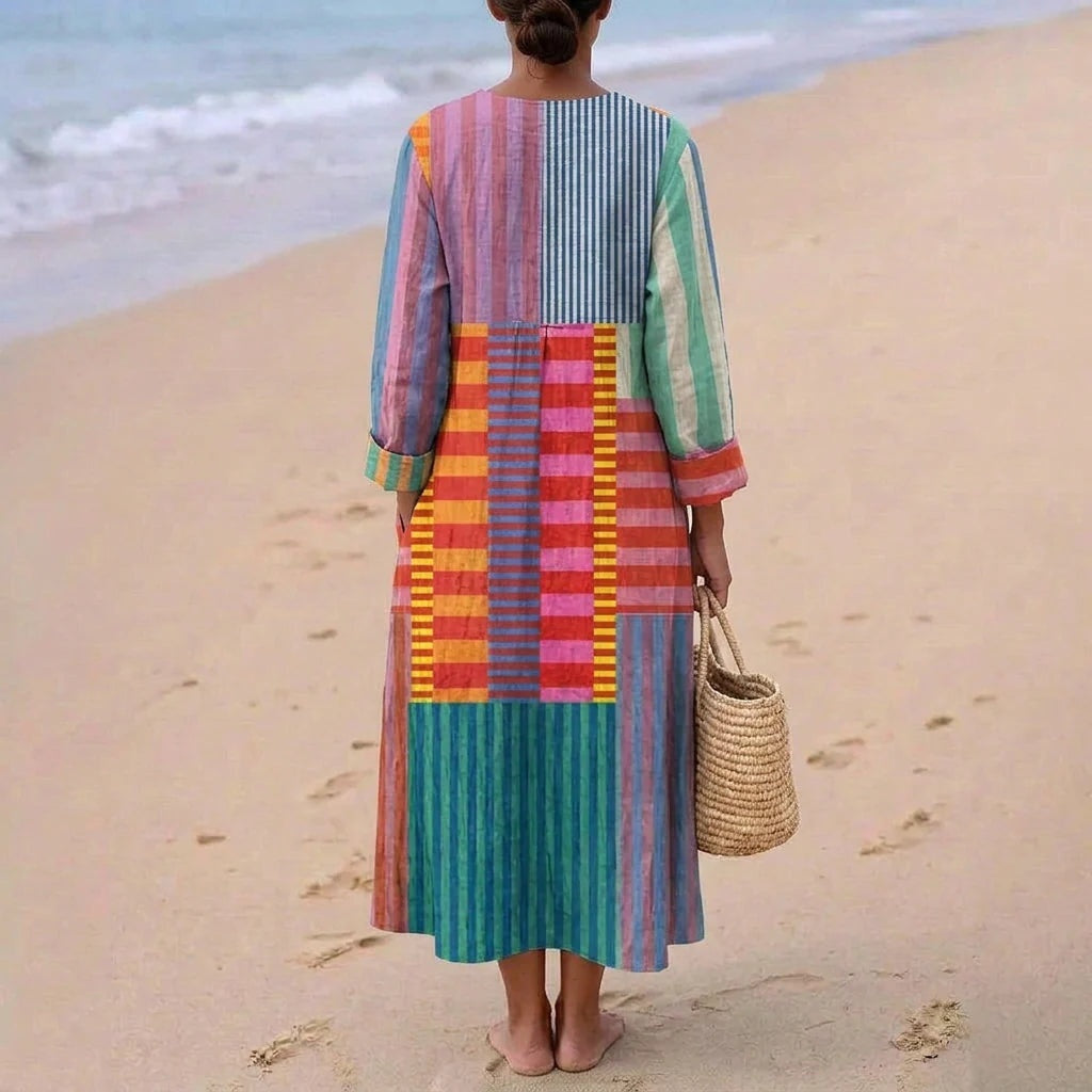 Vestido Largo Geométrico Estampado Patchwork Mujer Escote V