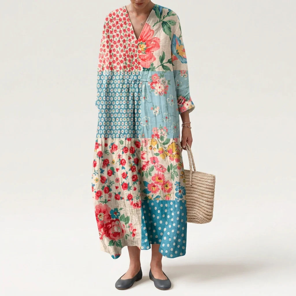 Vestido Largo Geométrico Estampado Patchwork Mujer Escote V